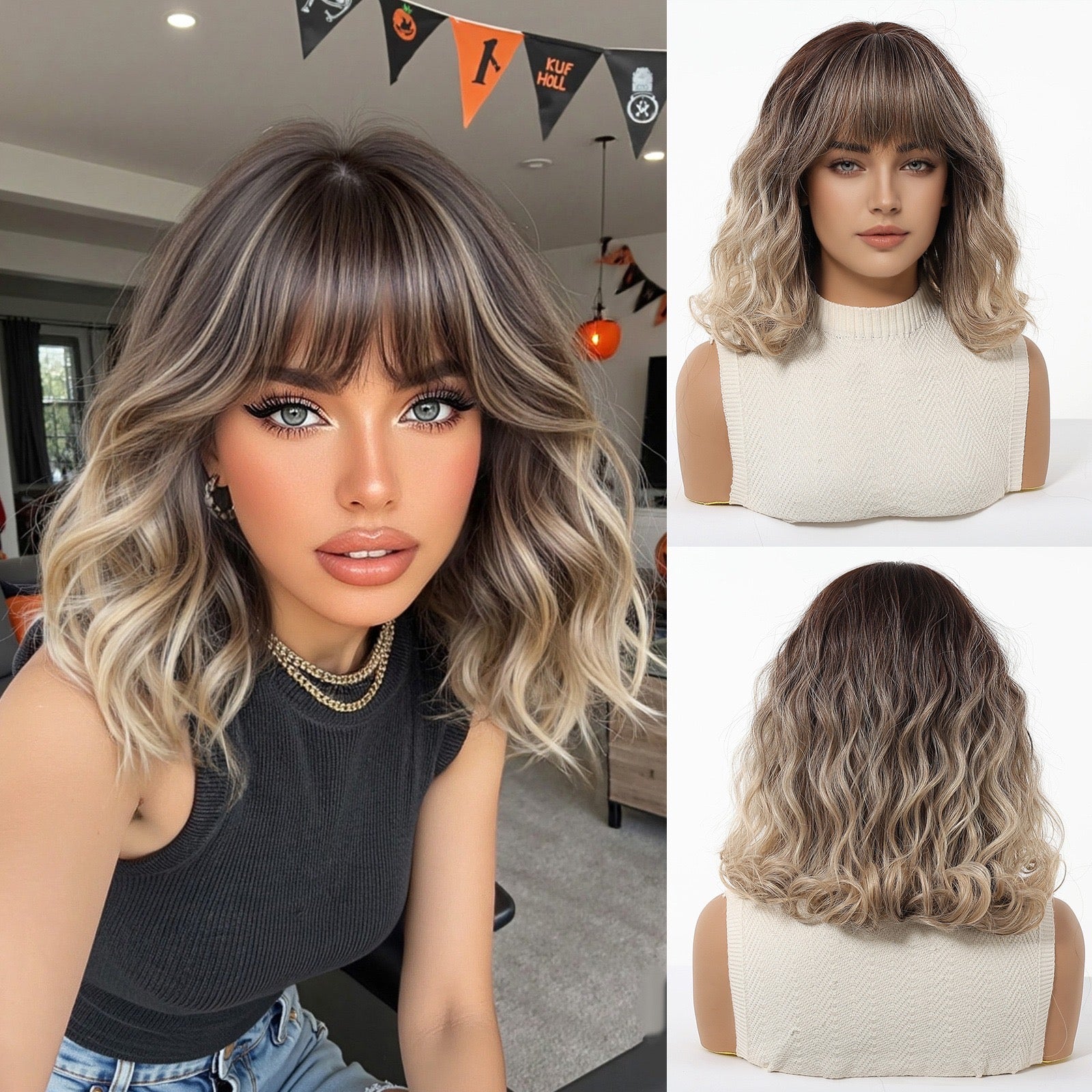 Walnut Shoulder-Length Wavy Synthetic Full Cap Wig with Bangs