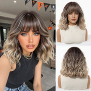 Walnut Shoulder-Length Wavy Synthetic Full Cap Wig with Bangs
