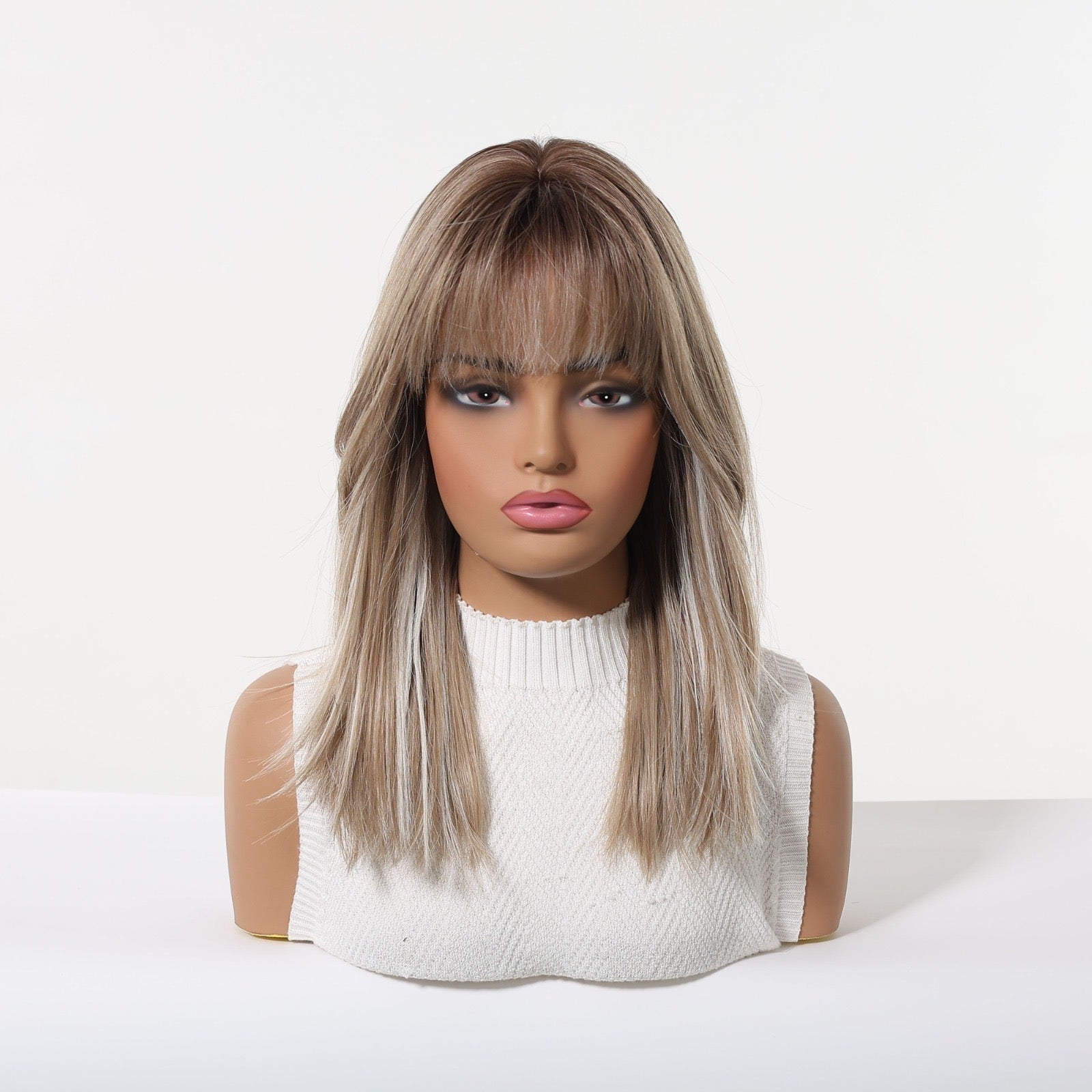 Raisin Medium Straight Synthetic Full Cap Wig with Bangs