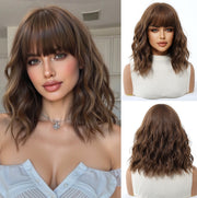 Almond Shoulder-Length Wavy Synthetic Full Cap Wig with Bangs