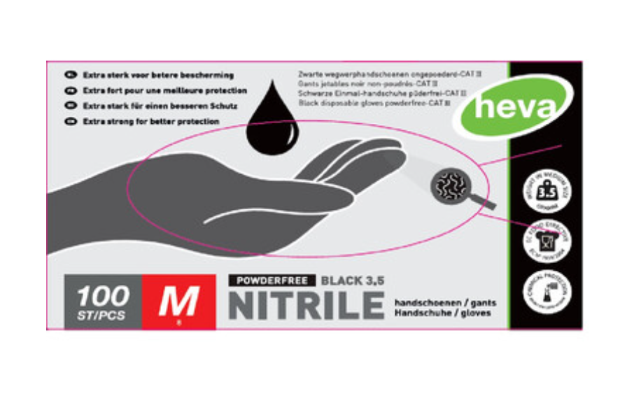 Heva Powder-Free Black Nitrile Gloves 100pcs – Size S / L