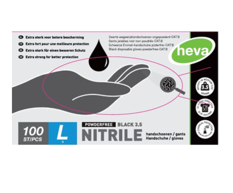 Heva Powder-Free Black Nitrile Gloves 100pcs – Size S / L