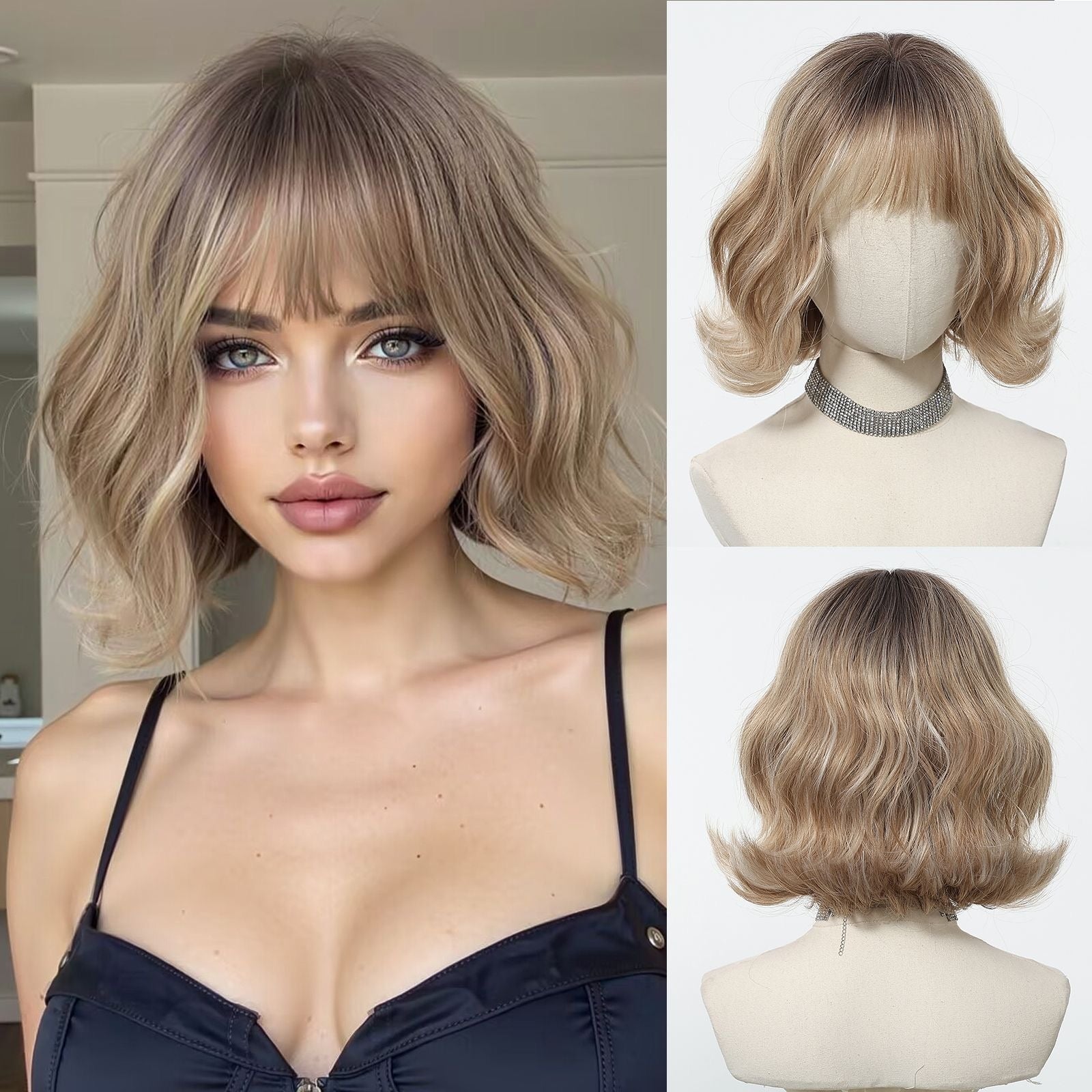 Peanuts Short Wavy Bob Synthetic Full Cap Wig with Bangs