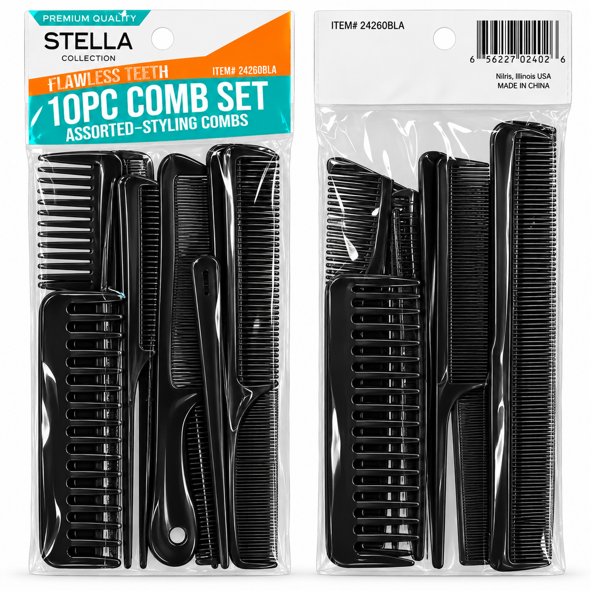 10-Piece Assorted Styling Comb Set – Black