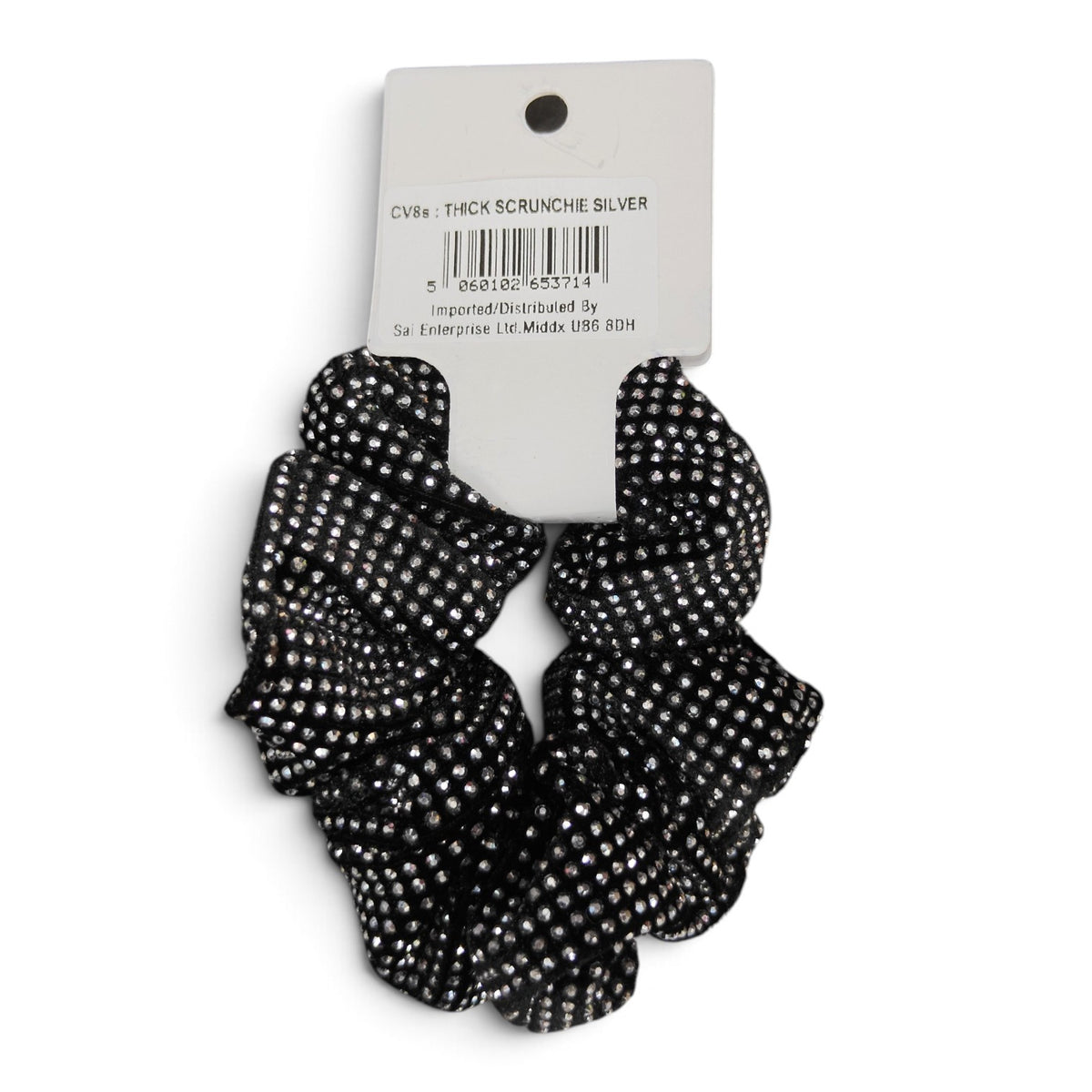 Thick Silver Rhinestone Fabric Scrunchie Hair Tie