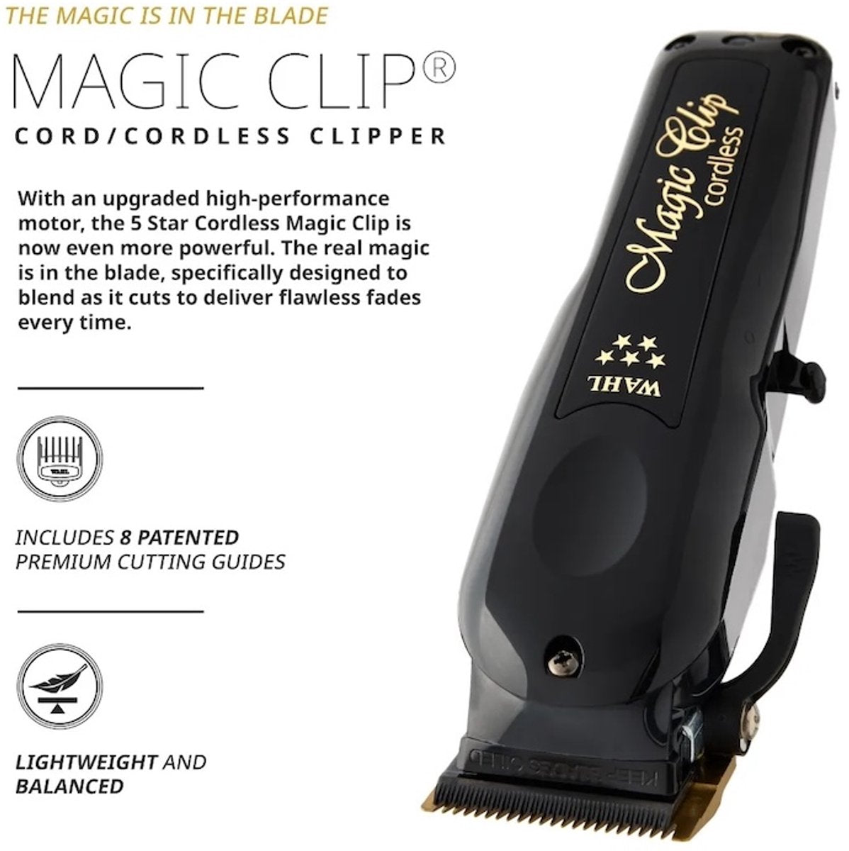 5-Star Magic Clip Cord/Cordless Hair Clipper – Black & Gold
