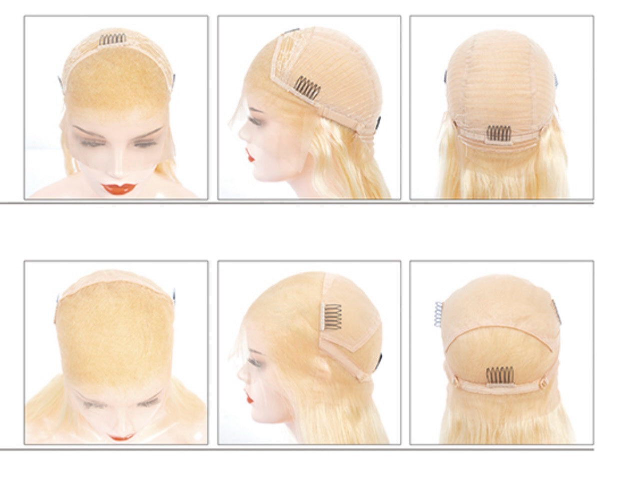 SITARA KORTRIJK platinum blonde lace front wig cap construction showing adjustable straps and combs on a mannequin head