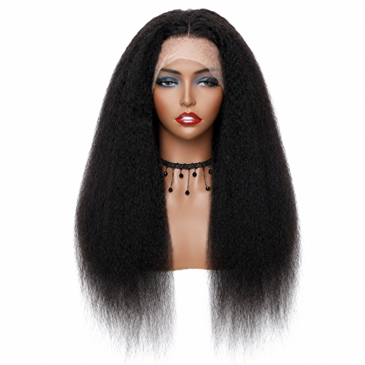 SITARA KORTRIJK long black kinky straight lace front wig on a mannequin head with a natural hairline