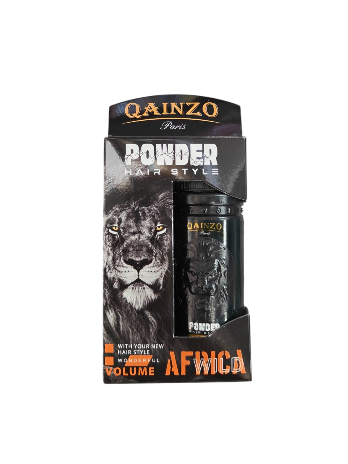 SITARA KORTRIJK Qainzo Paris Africa Wild hair styling powder bottle in black packaging with lion graphic