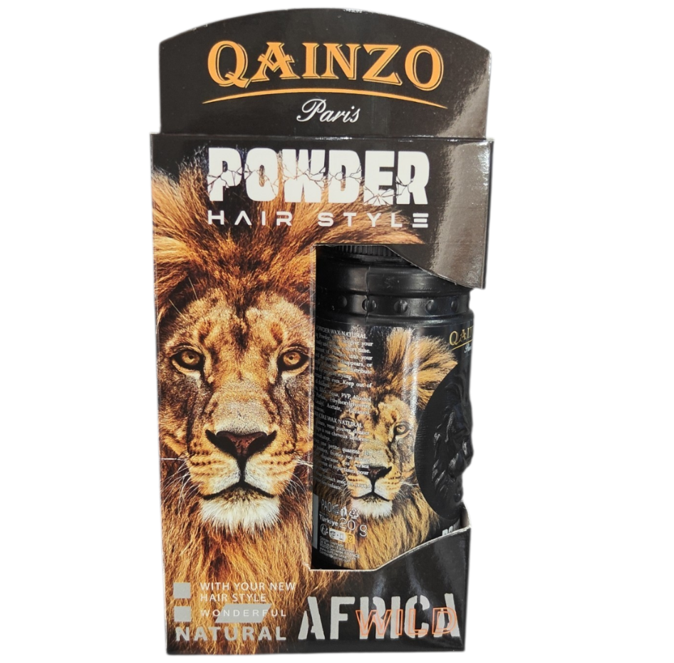 SITARA KORTRIJK Qainzo Paris Wild hair styling powder in black packaging featuring a lion graphic for volume and texture